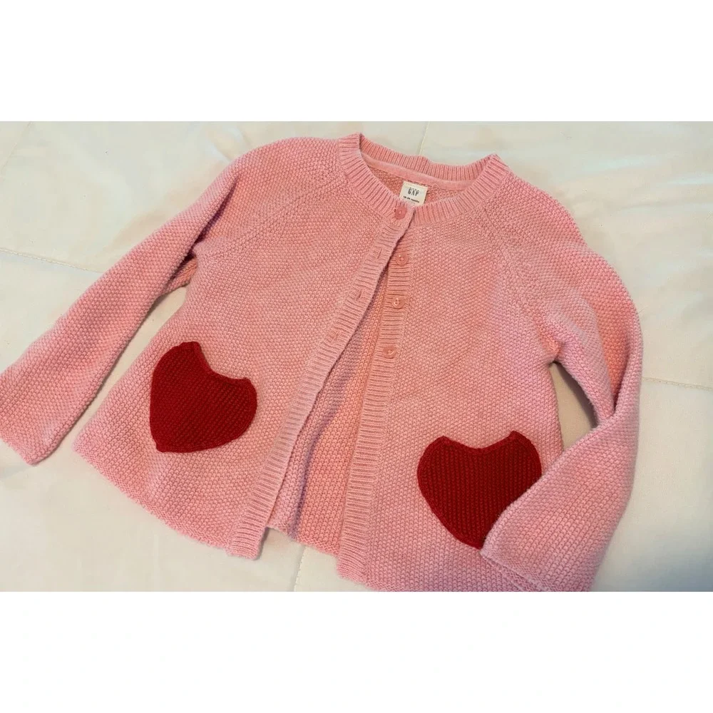 Baby Gap Pink Heart Pocket Knit Cardigan Sweater Girls 18-24 Months Toddler